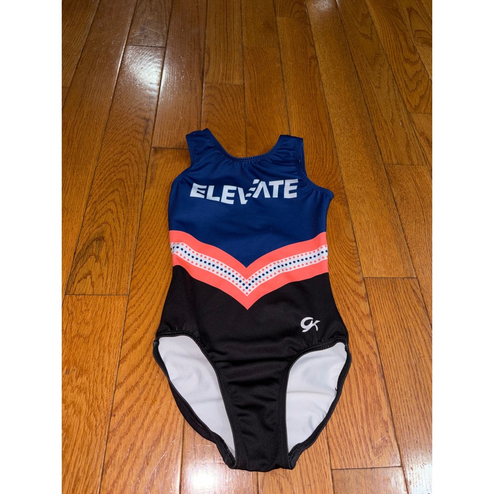 GK Elite Elevate Gymnastics Leotard Navy Blue Coral Black Girls Size CM